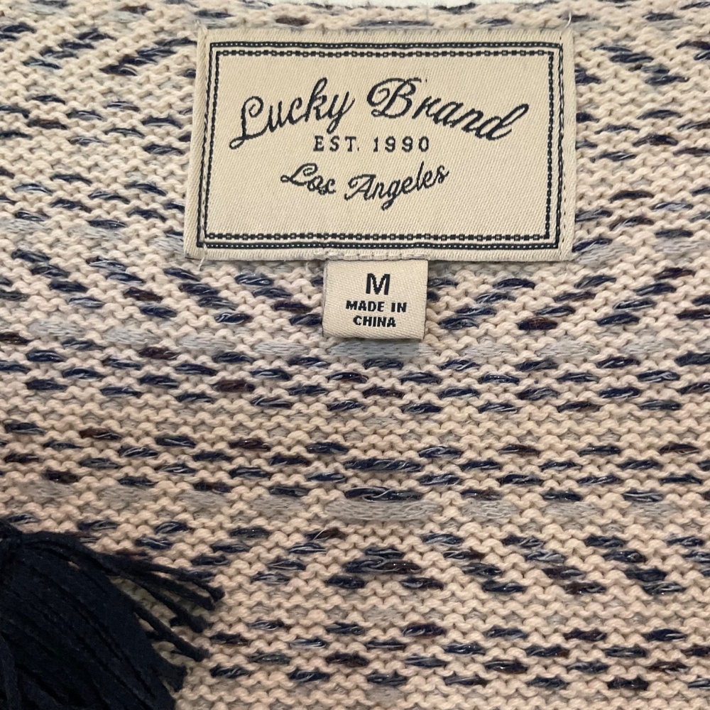 Lucky Brand Open Front Cardigan Women Medium Blue Cream Woven Fringe Aztec - Picture 5 of 16